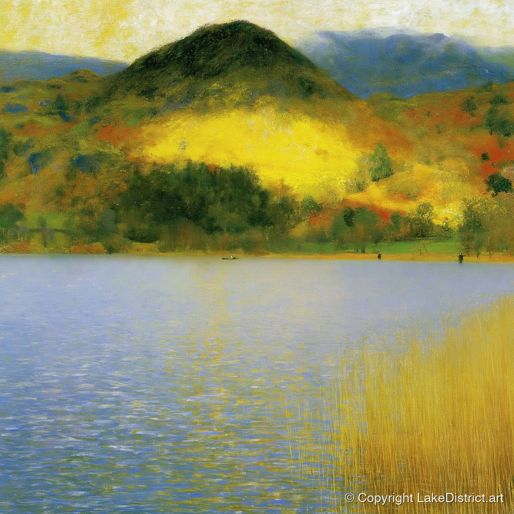 Grasmere Beneath Glowing Fells - lake district lake art print and canvas by Harrison Blythe A.I