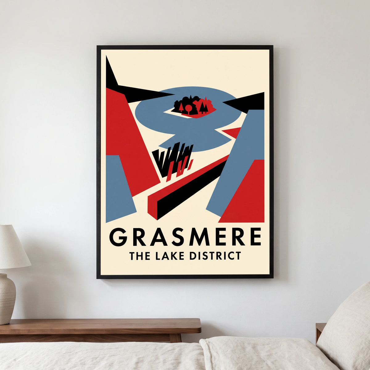 Grasmere travel poster in a black frame, hanging in a bedroom3