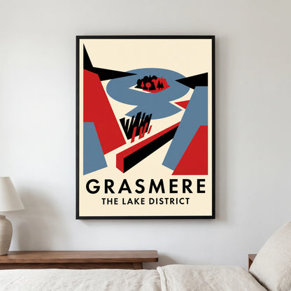 Grasmere travel poster in a black frame, hanging in a bedroom3
