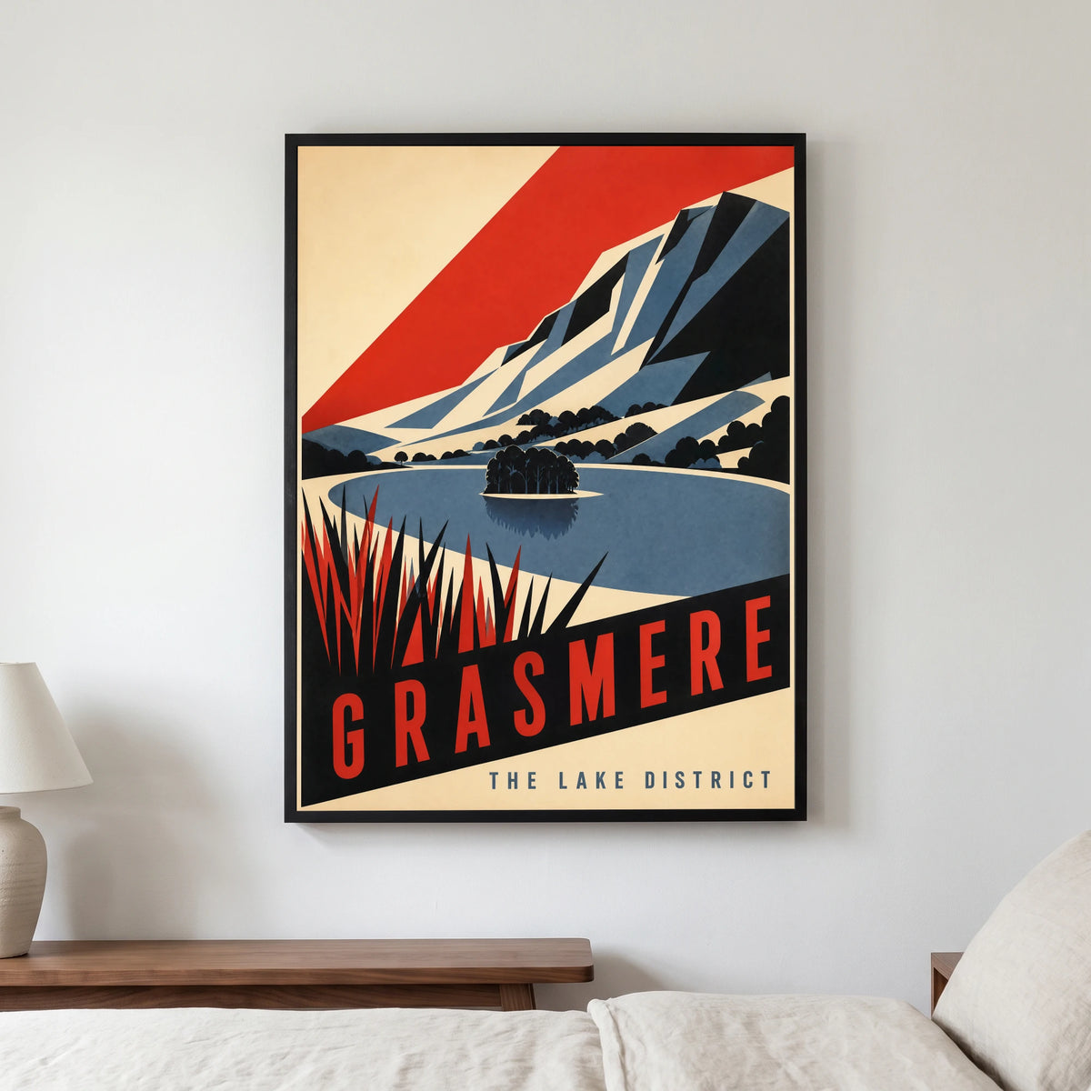 Grasmere travel poster in a black frame, hanging in a bedroom3