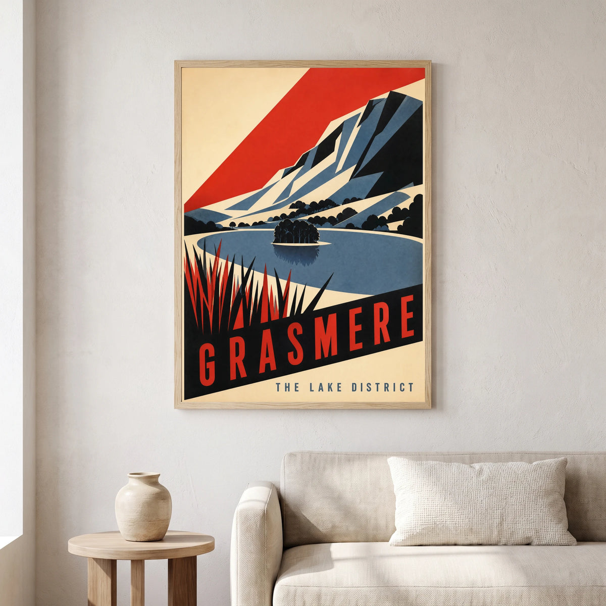 Grasmere travel poster in a natural frame, hanging in a living