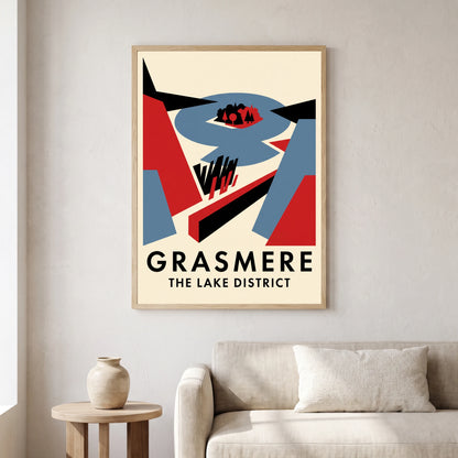 Grasmere travel poster in a natural frame, hanging in a living