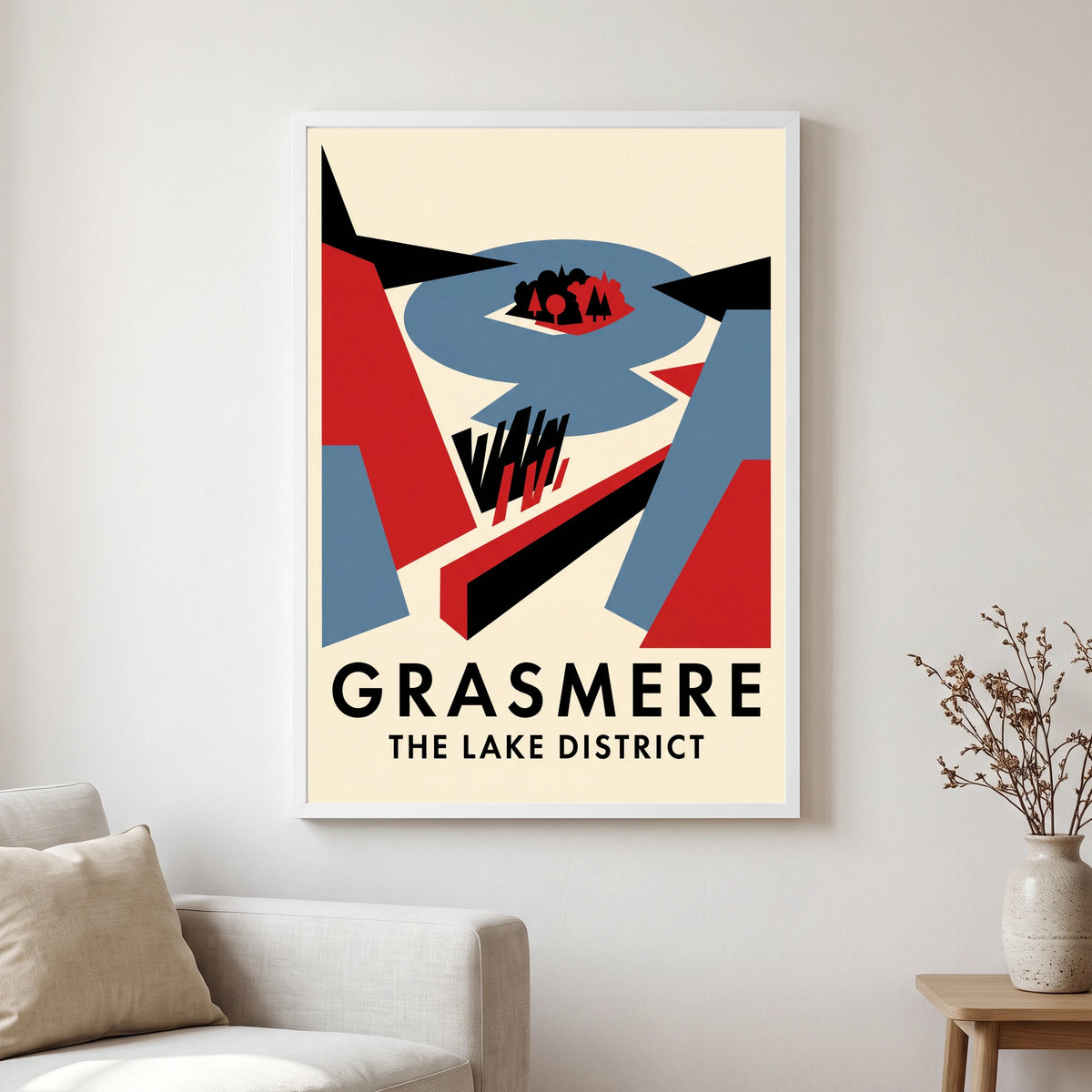 Grasmere travel poster in a white frame, hanging in a living2