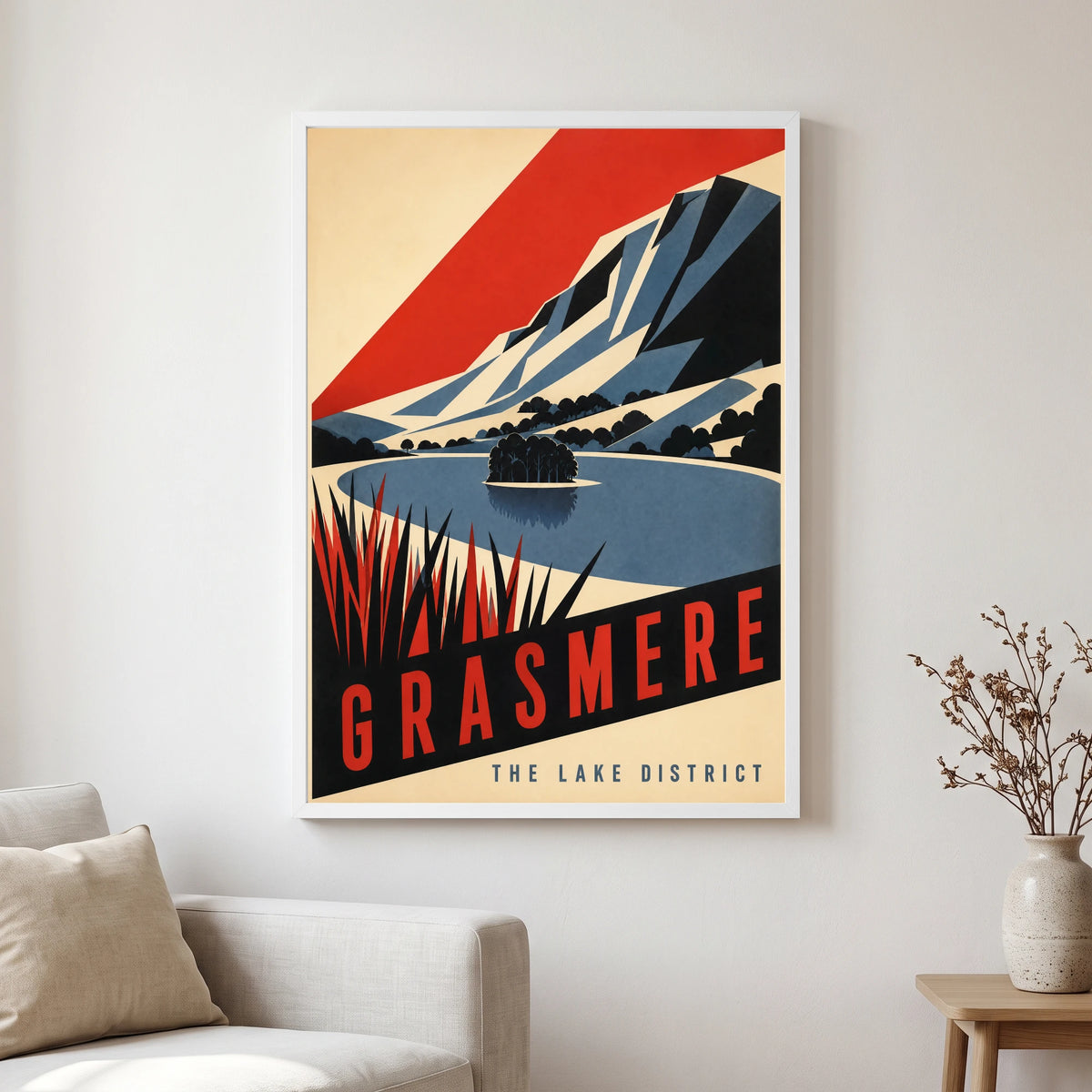 Grasmere travel poster in a white frame, hanging in a living2