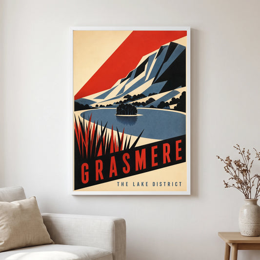 Grasmere travel poster in a white frame, hanging in a living2