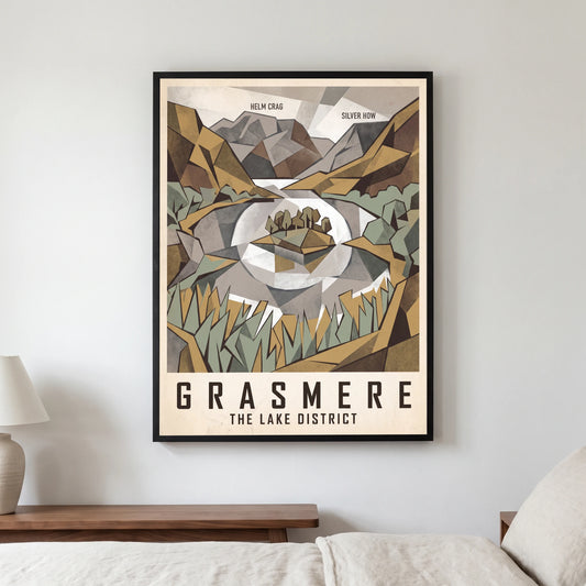 Grasmere travel poster in a black frame, hanging in a bedroom3
