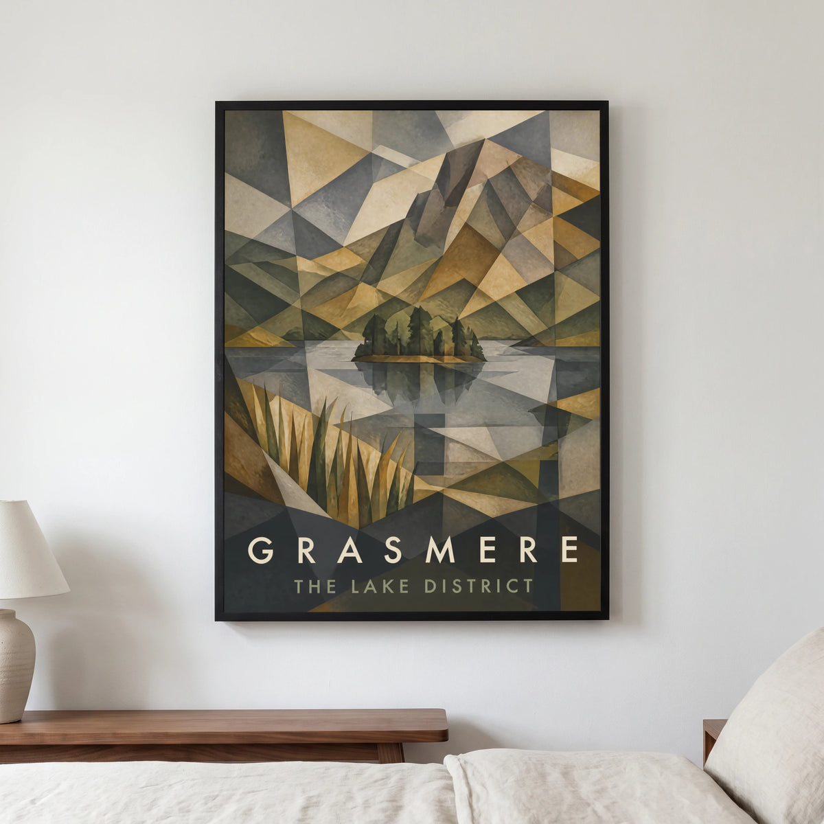 Grasmere travel poster in a black frame, hanging in a bedroom3