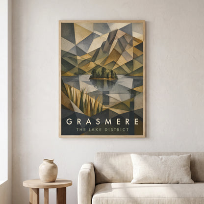 Grasmere travel poster in a natural frame, hanging in a living
