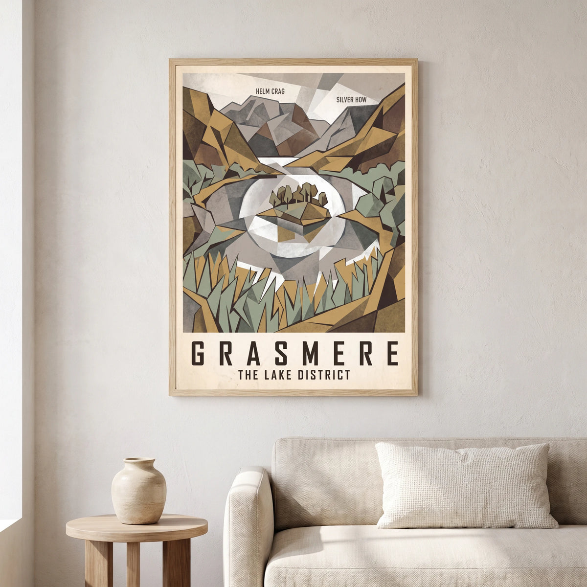 Grasmere travel poster in a natural frame, hanging in a living