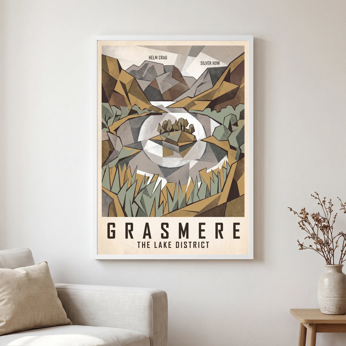 Grasmere travel poster in a white frame, hanging in a living2