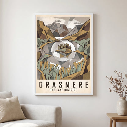 Grasmere travel poster in a white frame, hanging in a living2