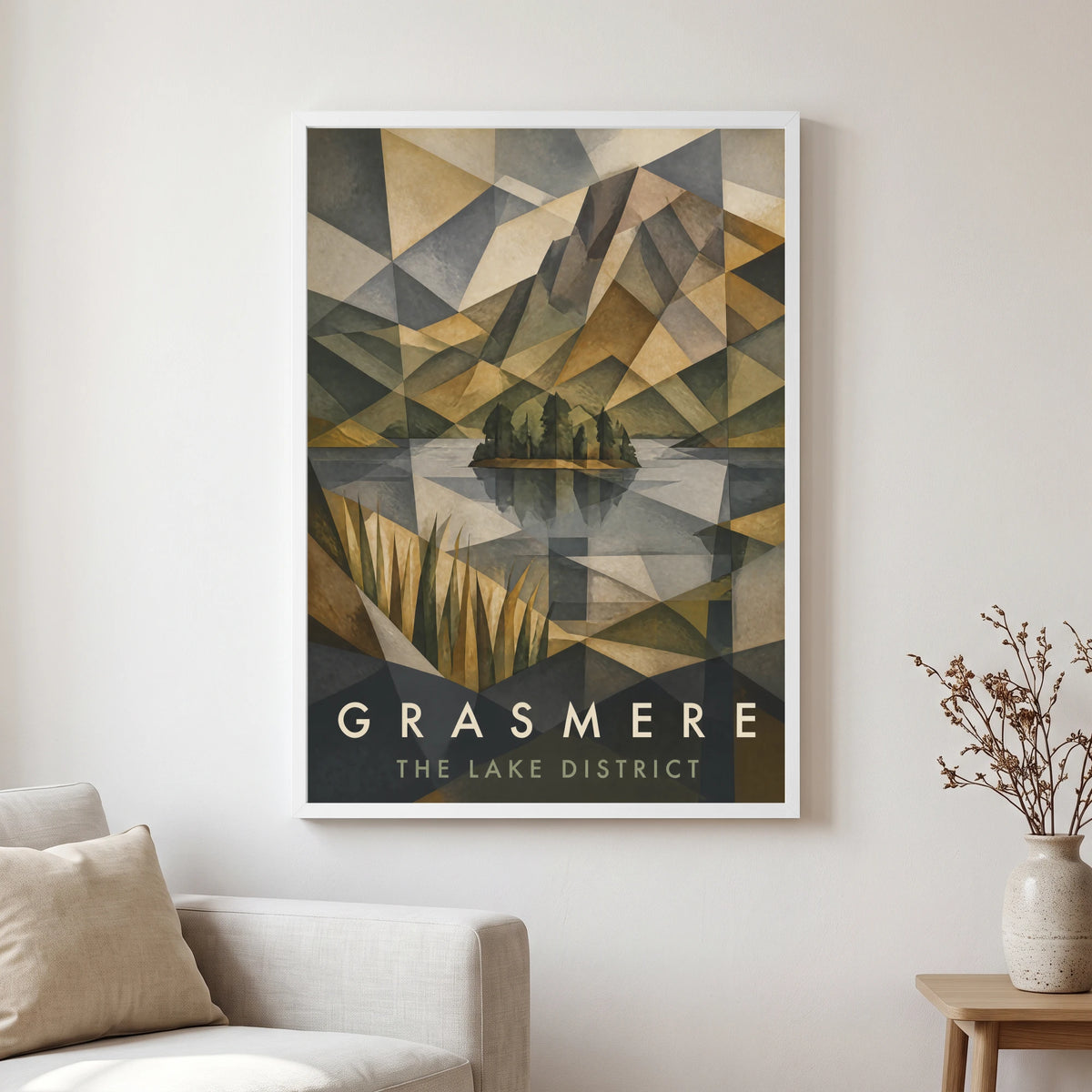 Grasmere travel poster in a white frame, hanging in a living2