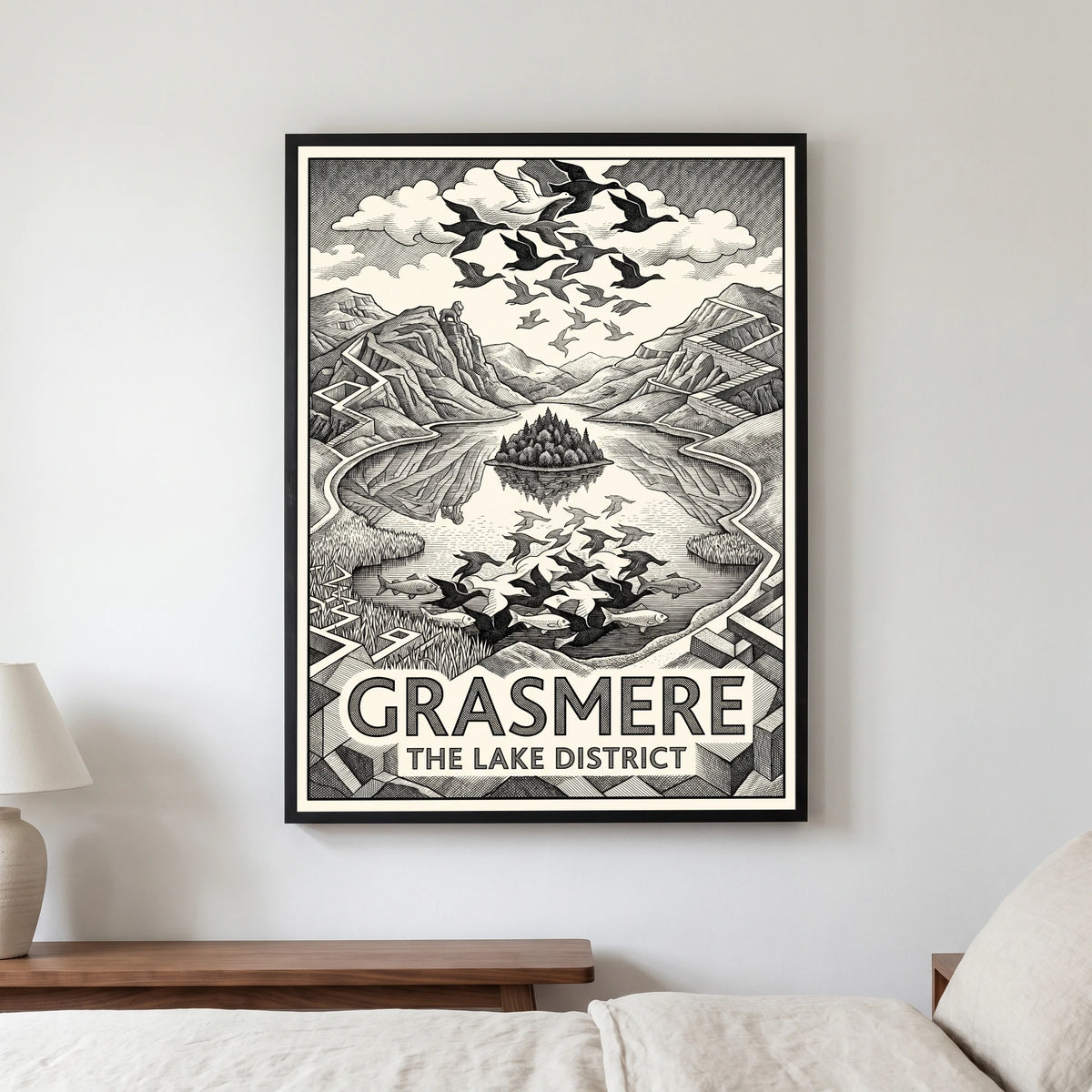Grasmere travel poster in a black frame, hanging in a bedroom3
