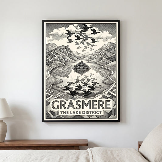 Grasmere travel poster in a black frame, hanging in a bedroom3