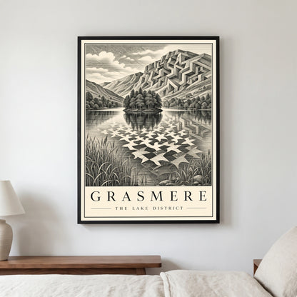 Grasmere travel poster in a black frame, hanging in a bedroom3