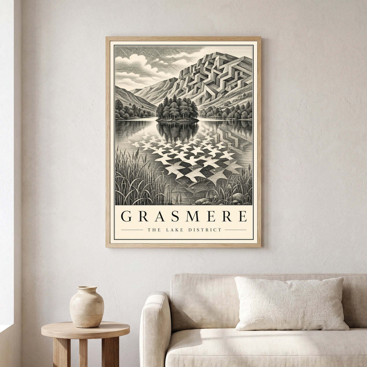 Grasmere travel poster in a natural frame, hanging in a living