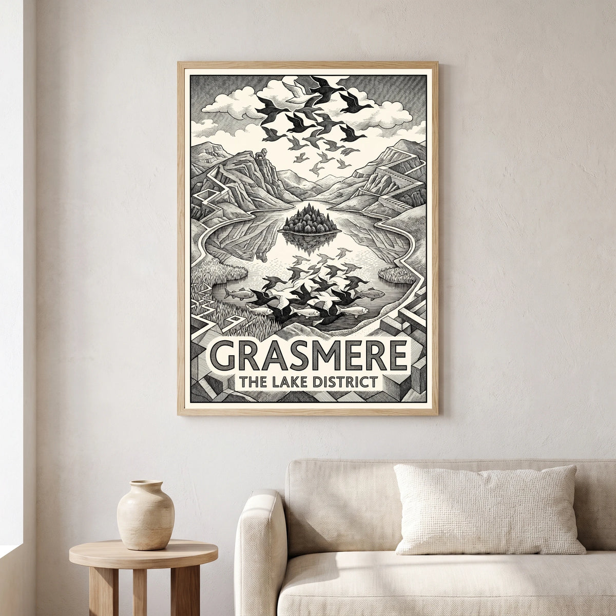 Grasmere travel poster in a natural frame, hanging in a living