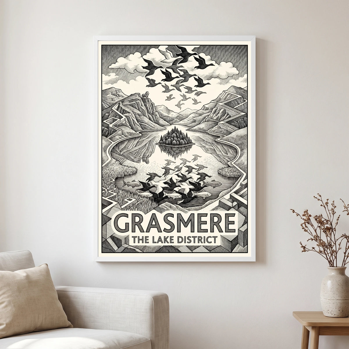 Grasmere travel poster in a white frame, hanging in a living2