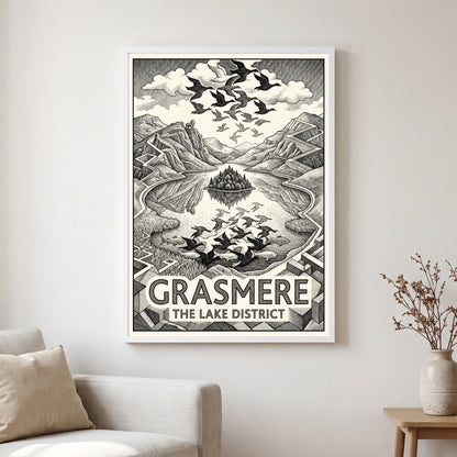 Grasmere travel poster in a white frame, hanging in a living2
