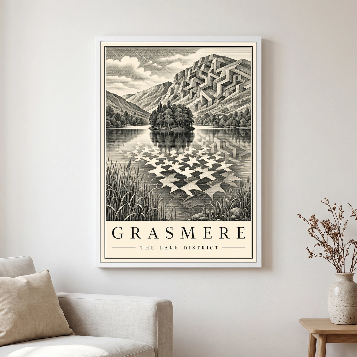 Grasmere travel poster in a white frame, hanging in a living2