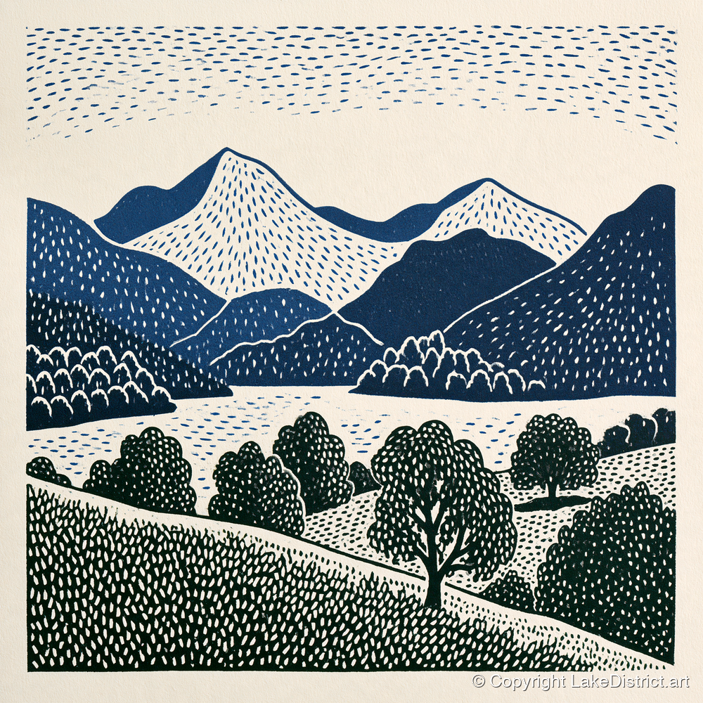 Grasmere Fells in Graphic Navy - lake district lake art print and canvas by Reuben Shaw A.I
