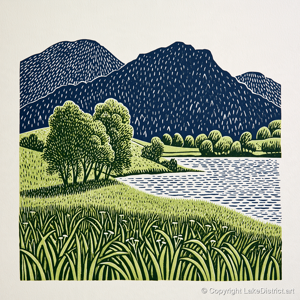 Grasmere Fells in Navy and Green - lake district lake art print and canvas by Reuben Shaw A.I