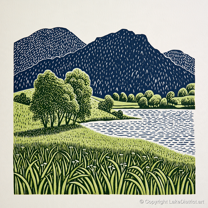 Grasmere Fells in Navy and Green - lake district lake art print and canvas by Reuben Shaw A.I