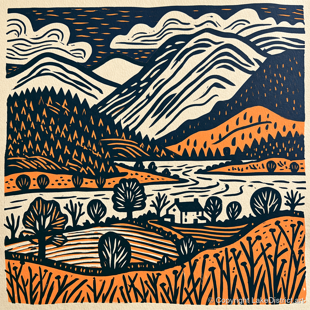 Grasmere Fells in Terracotta and Navy - lake district lake art print and canvas by Leon Baxter A.I