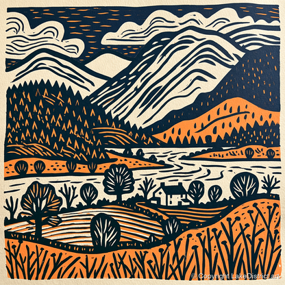 Grasmere Fells in Terracotta and Navy - lake district lake art print and canvas by Leon Baxter A.I