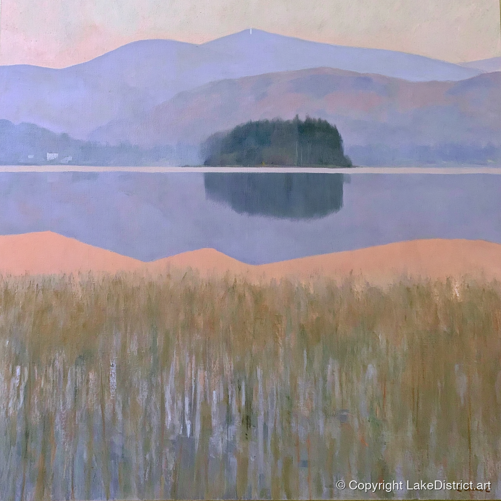 Grasmere Island and Pastel Fells - lake district lake art print and canvas by Alistair Thorne A.I