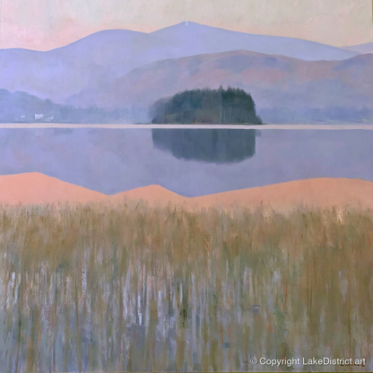 Grasmere Island and Pastel Fells - lake district lake art print and canvas by Alistair Thorne A.I