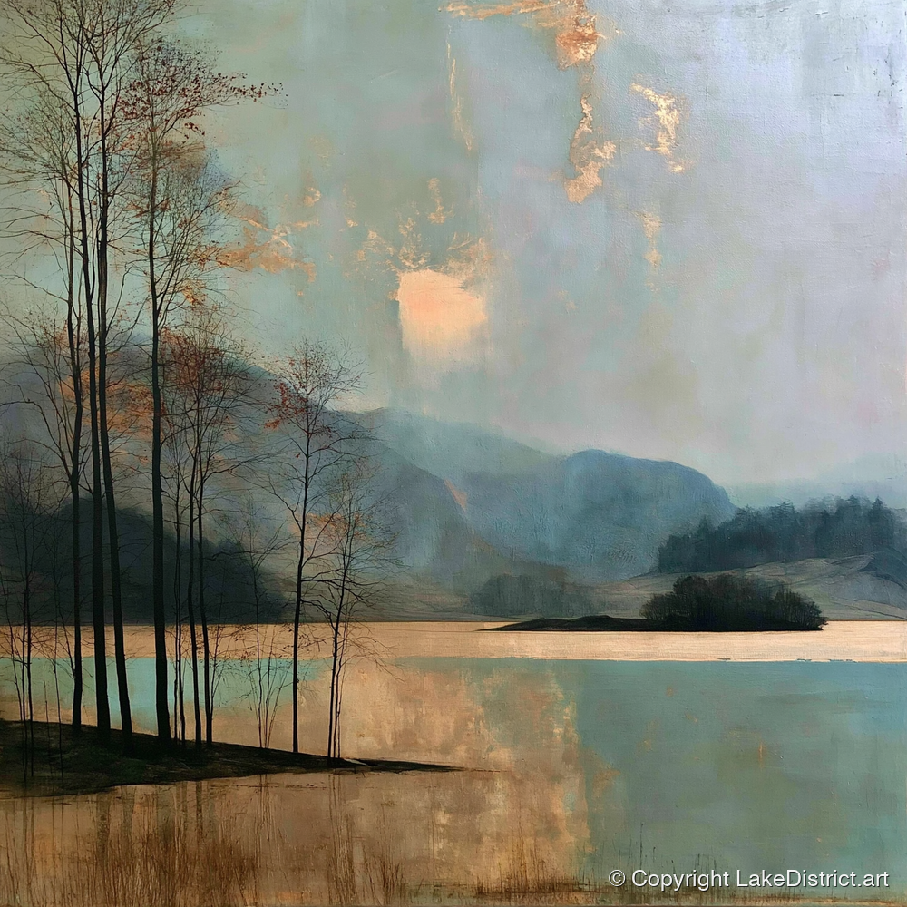 Grasmere Island in Golden Light - lake district lake art print and canvas by Silas Thorne A.I