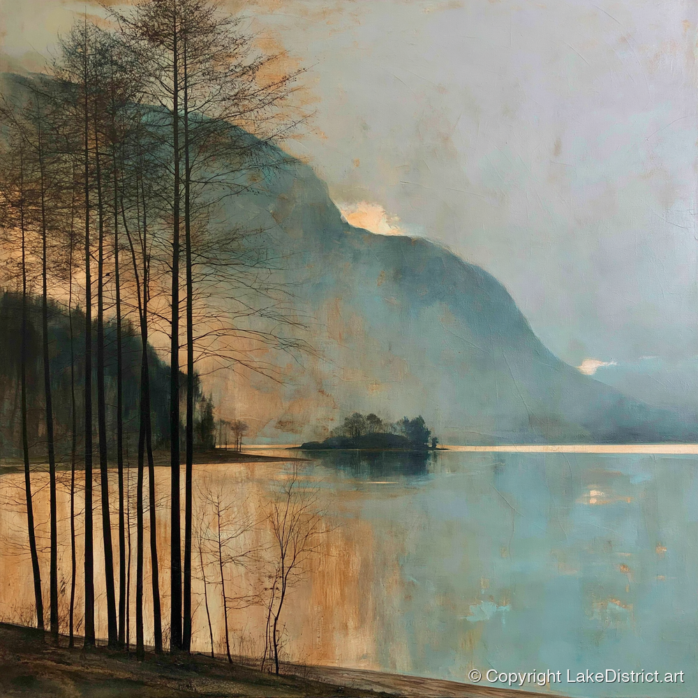 Grasmere Island in Golden Light - lake district lake art print and canvas by Silas Thorne A.I