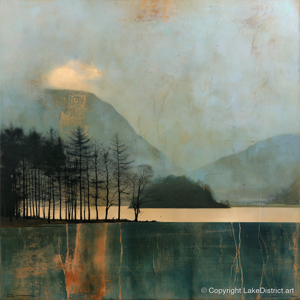 Grasmere Island in Teal and Gold - lake district lake art print and canvas by Silas Thorne A.I