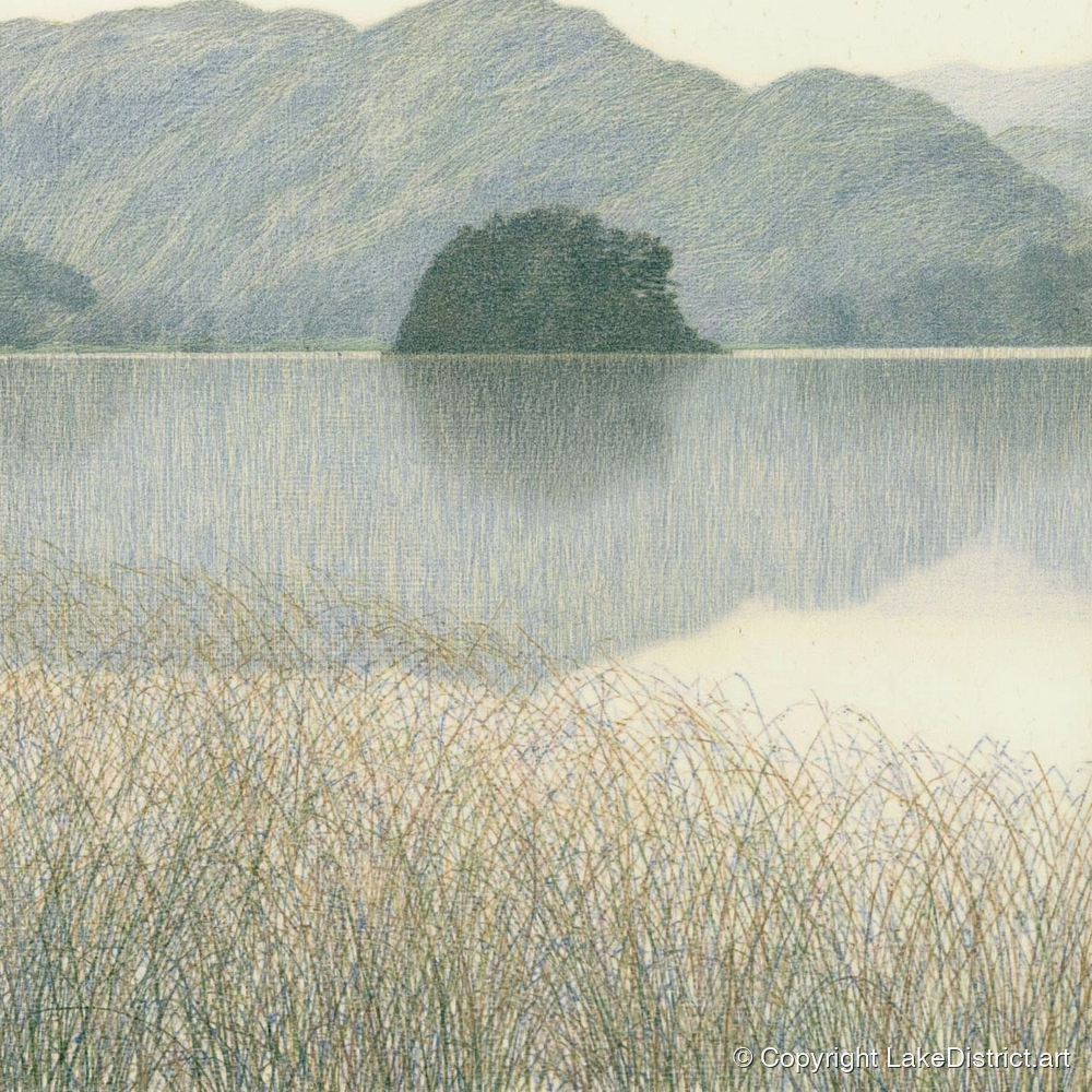Grasmere Island Through Tall Grasses - lake district lake art print and canvas by Arthur Sterling A.I