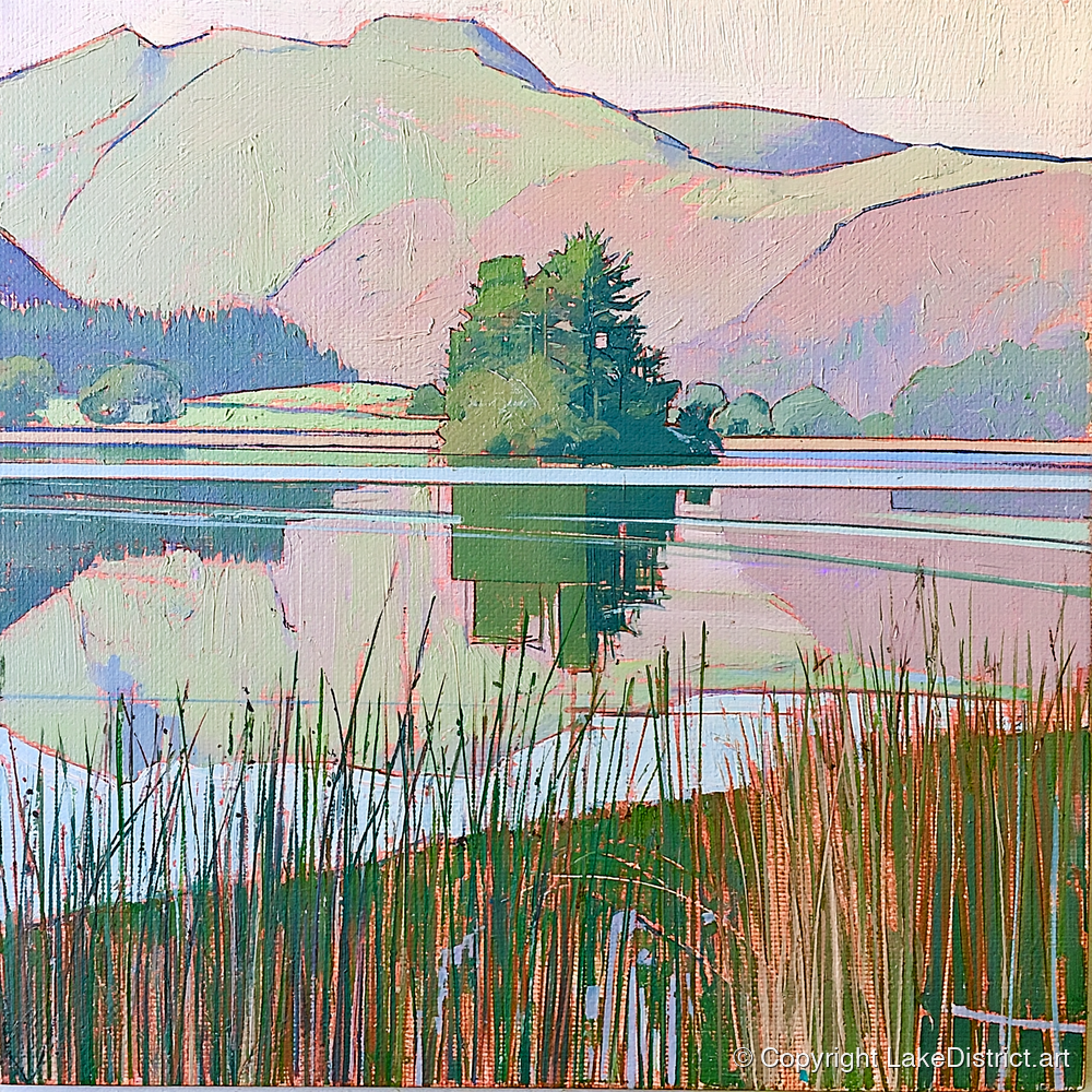 Grasmere Island Through Tall Reeds - lake district lake art print and canvas by Cedric Montgomery A.I