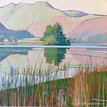 Grasmere Island Through Tall Reeds - lake district lake art print and canvas by Cedric Montgomery A.I
