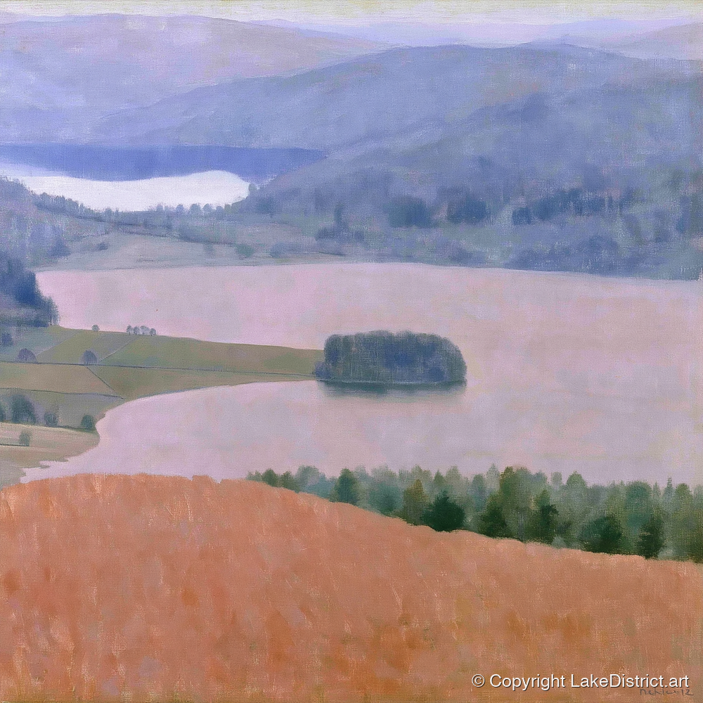 Grasmere Lake in Dusky Pink - lake district lake art print and canvas by Alistair Thorne A.I