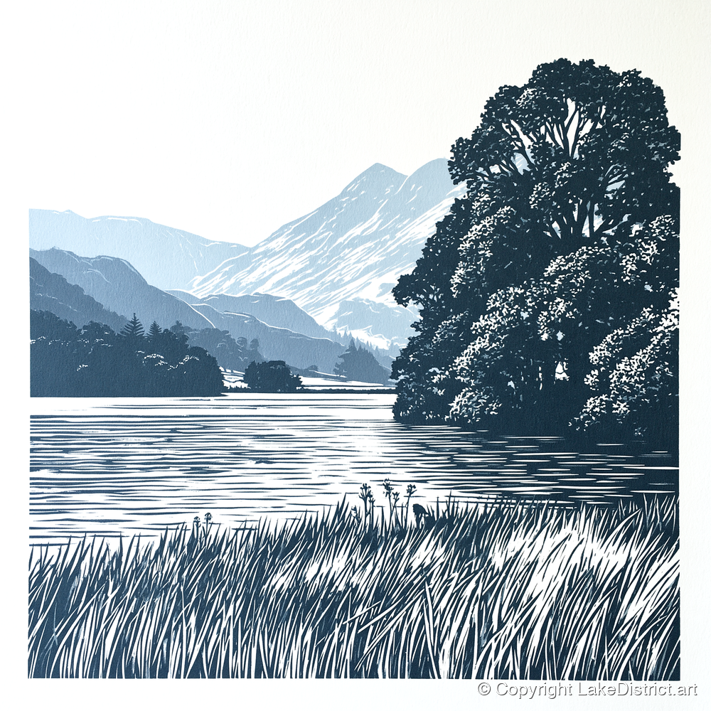 Grasmere Lake in Navy Blue - lake district lake art print and canvas by Alfred Morland A.I