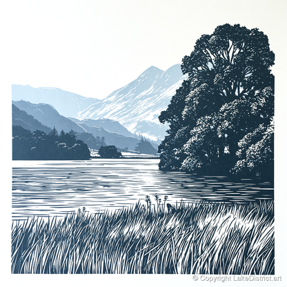 Grasmere Lake in Navy Blue - lake district lake art print and canvas by Alfred Morland A.I
