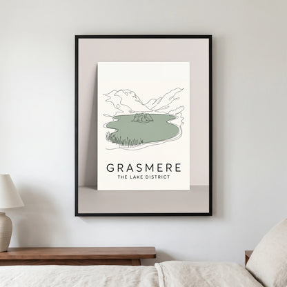 Grasmere travel poster in a black frame, hanging in a bedroom3