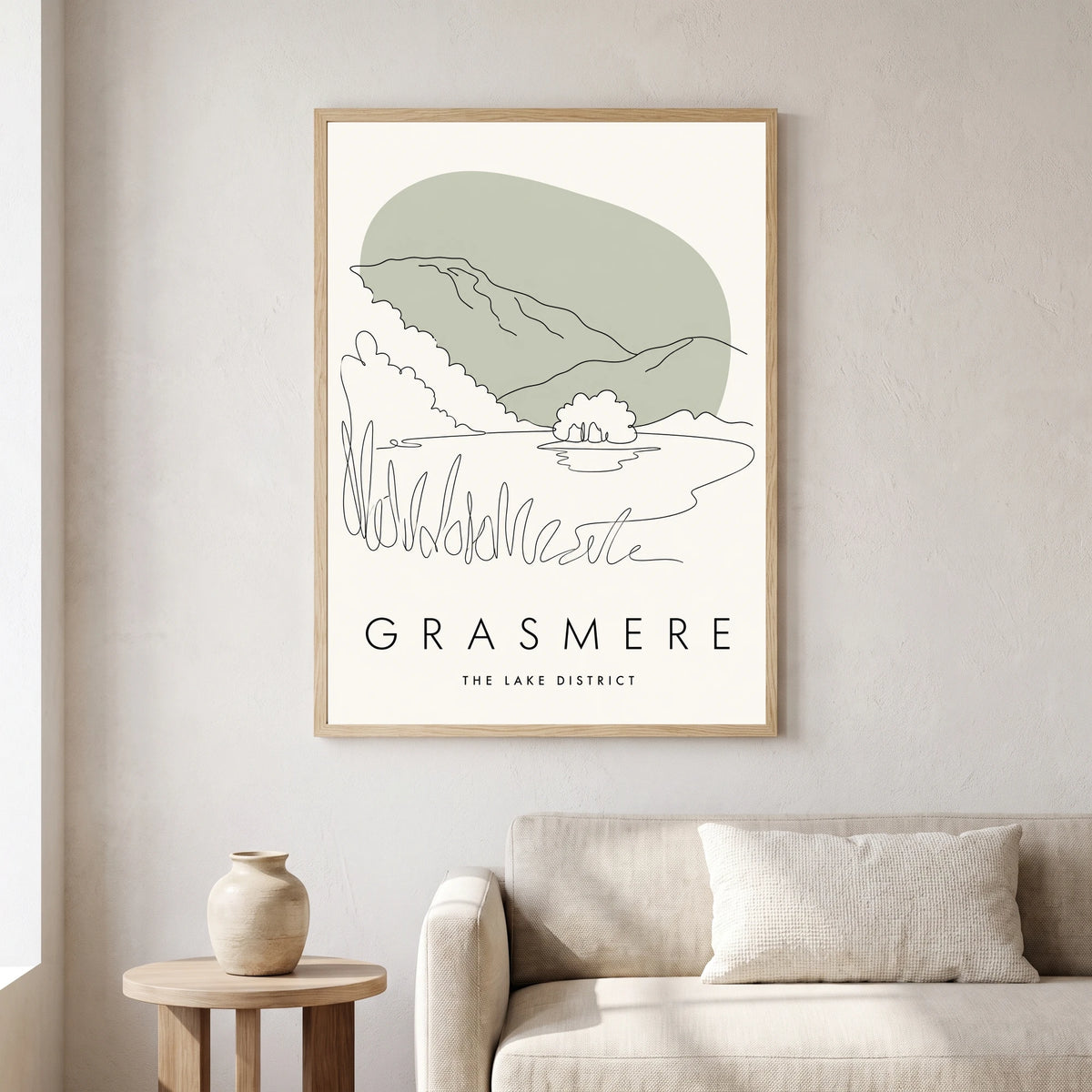 Grasmere travel poster in a natural frame, hanging in a living