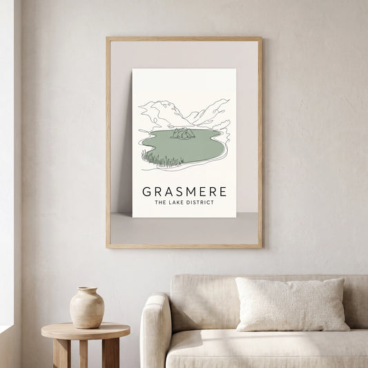 Grasmere travel poster in a natural frame, hanging in a living