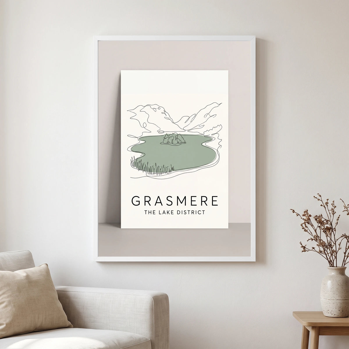 Grasmere travel poster in a white frame, hanging in a living2