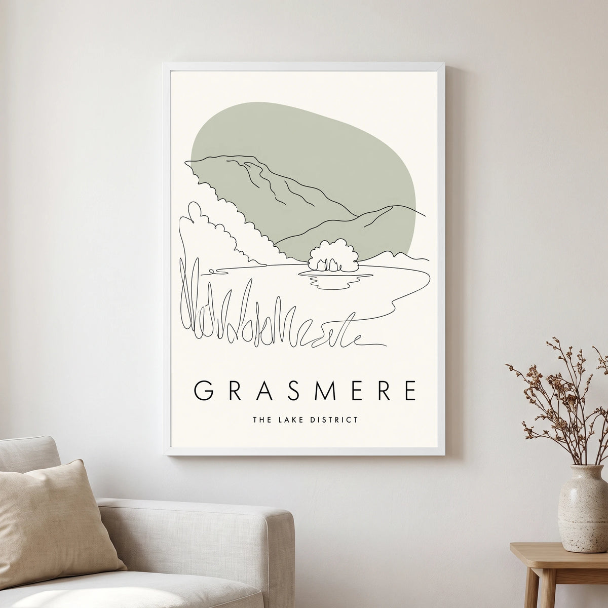 Grasmere travel poster in a white frame, hanging in a living2
