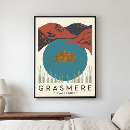 Grasmere travel poster in a black frame, hanging in a bedroom3