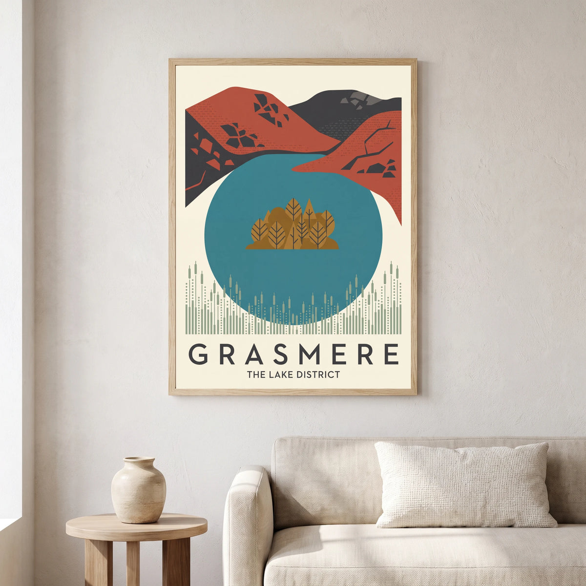 Grasmere travel poster in a natural frame, hanging in a living