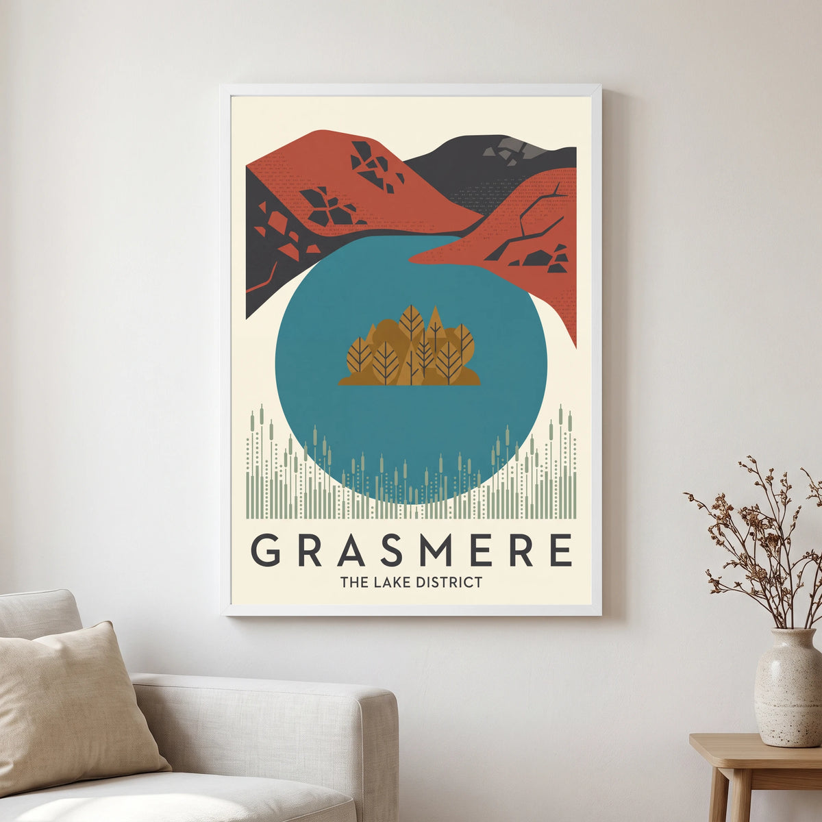 Grasmere travel poster in a white frame, hanging in a living2