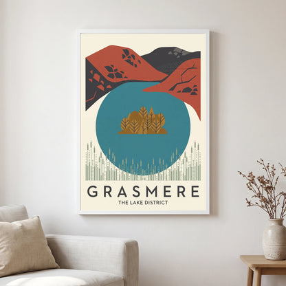 Grasmere travel poster in a white frame, hanging in a living2