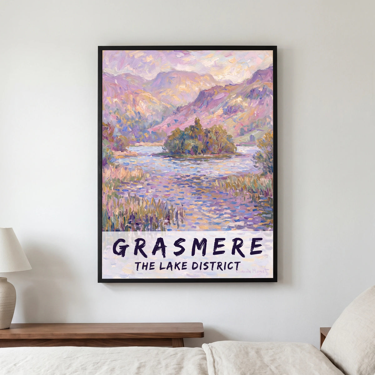 Grasmere travel poster in a black frame, hanging in a bedroom3
